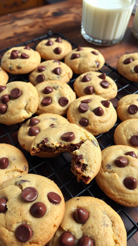 A batch of golden chocolate chip cookies on a cooling rack, with melted chocolate chips and a glass of milk in the background.